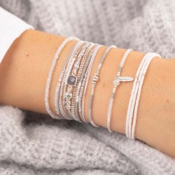 Bracelet fin élastiqué Argent & Perles de verre blanche TAILLE M