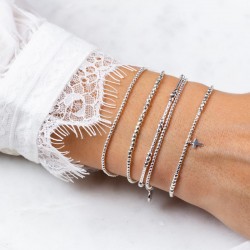 Bracelet fin élastiqué en Argent - Perles & Petite croix all silver TAILLE S