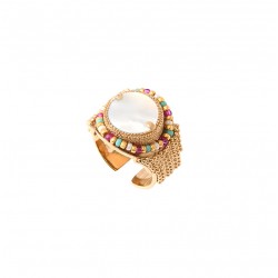 Bague large ajustable CLAUDIA dorée - Perles du Japon & Cabochon rond nacre - SATELLITE