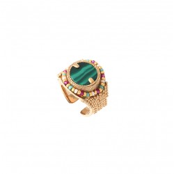 Bague large ajustable CLAUDIA dorée - Perles du Jajon & Cabochon Malachite vert - SATELLITE