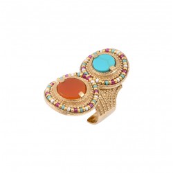 Bague large ajustable CLAUDIA dorée - Perles du Jajon & Cabochons Turquoise rouge - SATELLITE