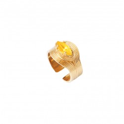Bague large ajustable SOLEIL dorée - Anneau strié & Navette cristal jaune - SATELLITE