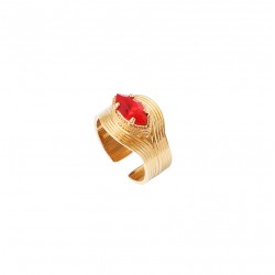 Bague large ajustable SOLEIL dorée - Anneau strié & Navette cristal rouge - SATELLITE