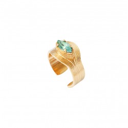 Bague large ajustable SOLEIL dorée - Anneau strié & Navette cristal turquoise - SATELLITE
