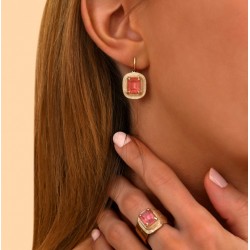 Boucles d'oreilles dormeuses SOLEIL carrées Or & Cristal prestige rose