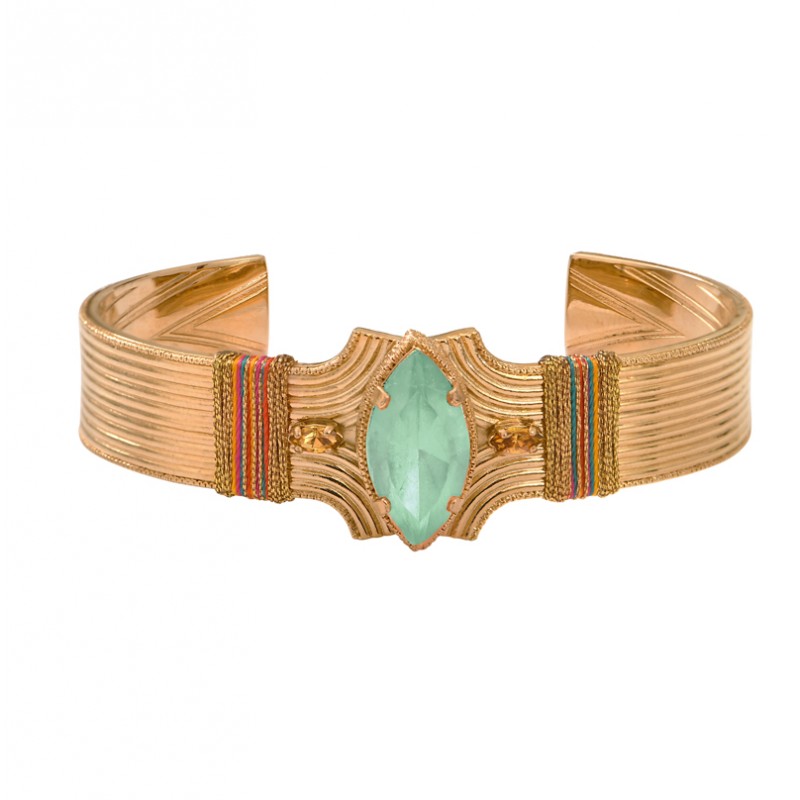 Bracelet Jonc SOLEIL doré - Cristaux rose & Cabochon cristal prestige turquoise - SATELLITE Bracelet Jonc SOLEIL doré - Cristaux rose & Cabochon cristal prestige turquoise - SATELLITE
