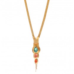 Collier chaîne SOLEIL doré - Pendentif cabochon cristal turquoise rose & rouge - SATELLITE