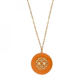 Collier chaîne AMELITA doré - Pendentif rond résine orange & Rosace - SATELLITE