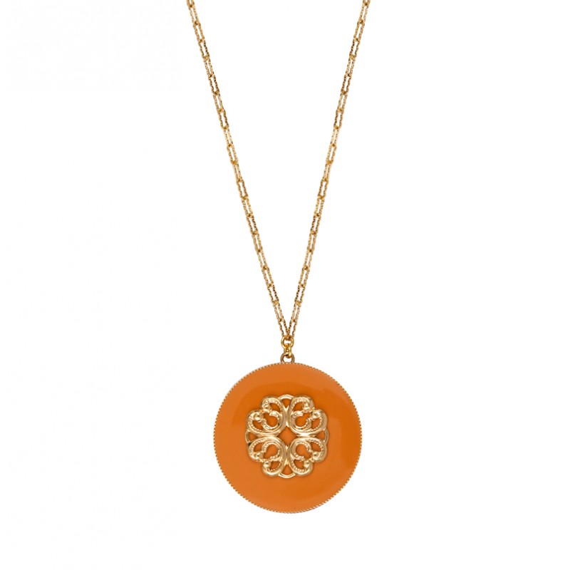 Collier chaîne AMELITA doré - Pendentif rond résine orange & Rosace - SATELLITE Collier chaîne AMELITA doré - Pendentif rond résine orange & Rosace - SATELLITE