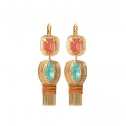 Boucles d'oreilles dormeuses SOLEIL Or & Pendentif cabochon cristal turquoise & rose  - SATELLITE