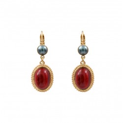 Boucles d'oreilles dormeuses AMELITA Or - Cabochons rouge & gris nacré SATELLITE