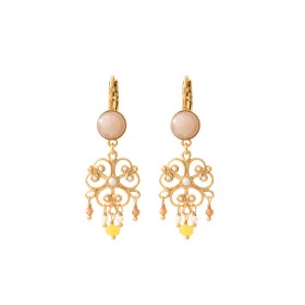Boucles d'oreilles pendantes CAPRAIA Or - Cabochon pierre de soleil & Arabesque multicolore - SATELLITE