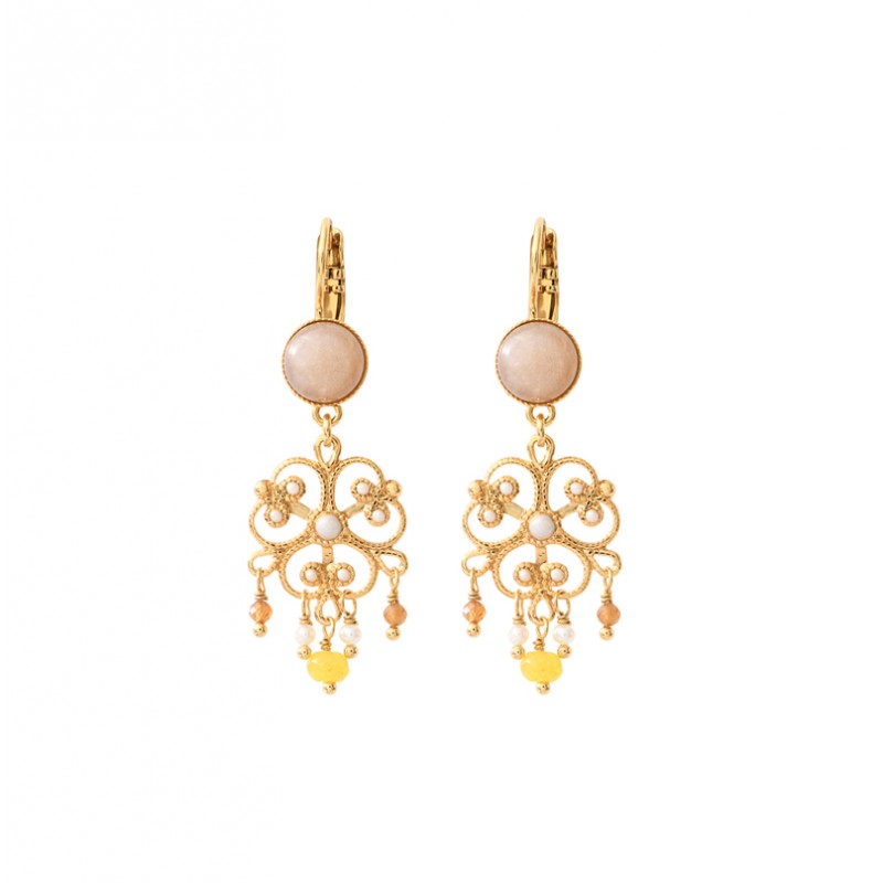 Boucles d'oreilles pendantes CAPRAIA Or - Cabochon pierre de soleil & Arabesque multicolore - SATELLITE Boucles d'oreilles pendantes CAPRAIA Or - Cabochon pierre de soleil & Arabesque multicolore - SATELLITE