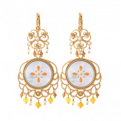 Boucles d'oreilles CAPRAIA Or - Arabesques, grenat orange, nacres, perles de rivière - SATELLITE