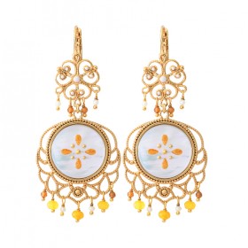 Boucles d'oreilles CAPRAIA Or - Arabesques, grenat orange, nacres, perles de rivière - SATELLITE