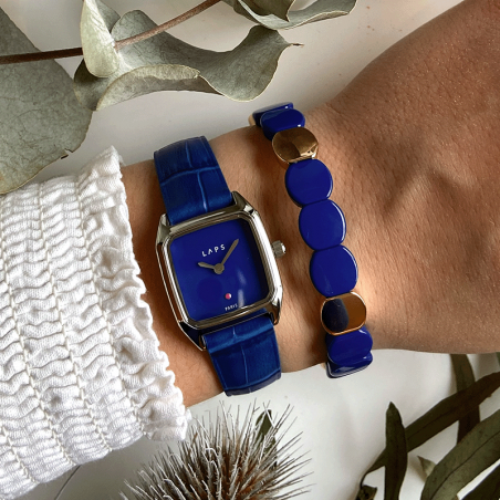 Montre PRIMA ORIA BLEU cadran carr argent bracelet cuir croco