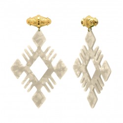Boucles d'oreilles pendantes XXL AYA doré - Rouleau antique & Losange ajouré écru - ARGELOUSE