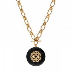 Collier chaîne baroque AMELITA doré - Pendentif rond résine noire & Rosace - SATELLITE