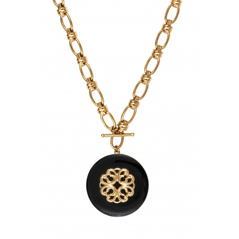 Collier chaîne baroque AMELITA doré - Pendentif rond résine noire & Rosace - SATELLITE Collier chaîne baroque AMELITA doré - Pendentif rond résine noire & Rosace - SATELLITE