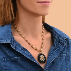 Collier chaîne baroque AMELITA - Pendentif résine noire & Rosace dorée