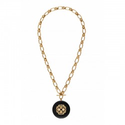Collier chaîne baroque AMELITA - Pendentif résine noire & Rosace dorée