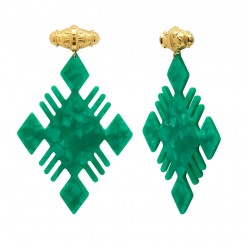 Boucles d'oreilles pendantes BASMA doré - Rouleau antique & Losange acétate vert - ARGELOUSE