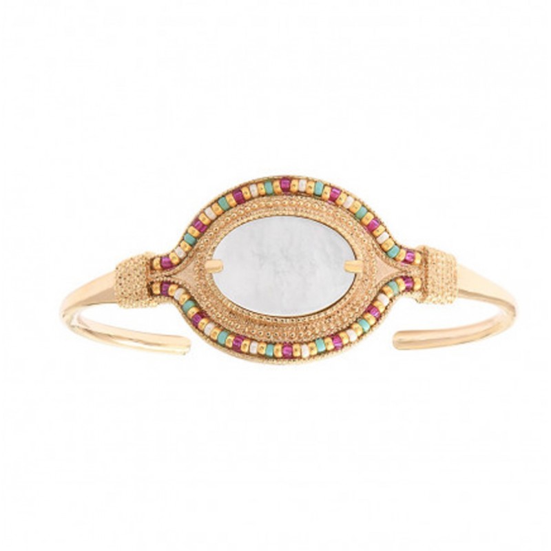 Bracelet Jonc CLAUDIA doré - Perles du Japon multicolore & Nacre blanche - SATELLITE