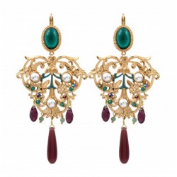 Boucles d'oreilles AMELITA Or - Cabochon émail vert & Perles Aventurine - SATELLITE