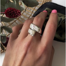 Bague large en argent RUBAN - Anneau design croisé & Nacre blanche TAILLE 60