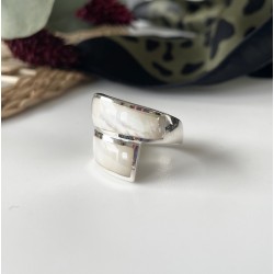 Bague large en argent RUBAN - Anneau design croisé & Nacre blanche TAILLE 56