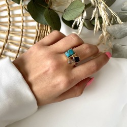 Bague argent doré PAVE - Copper Turquoise, Améthystes violette & verte TAILLE 60