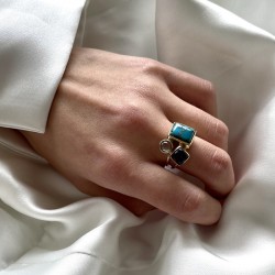 Bague argent doré PAVE - Copper Turquoise, Améthystes violette & verte TAILLE 52