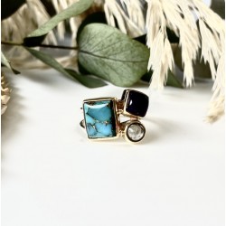 Bague argent doré PAVE - Copper Turquoise, Améthystes violette & verte TAILLE 52