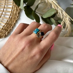 Bague argent doré PAVE - Copper Turquoise, Améthystes violette & verte TAILLE 52