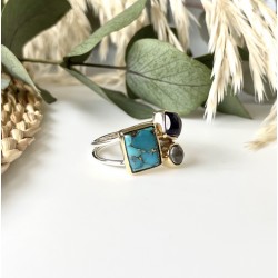 Bague argent doré PAVE - Copper Turquoise, Améthystes violette & verte TAILLE 60