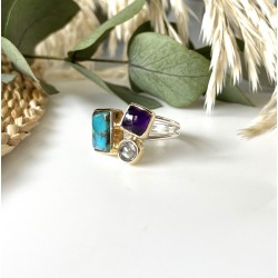 Bague argent doré PAVE - Copper Turquoise, Améthystes violette & verte TAILLE 52