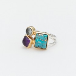 Bague large argent doré carrée rond PAVES & Turquoise, Améthyste violette et verte claire - CANYON