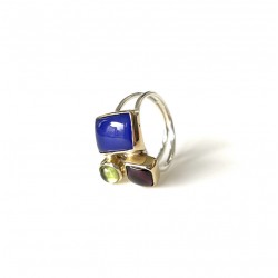 Bague argent doré PAVE - Calcédoine bleue, Grenat & Péridot TAILLE 52