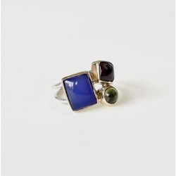 Bague argent doré PAVE - Calcédoine bleue, Grenat & Péridot TAILLE 52