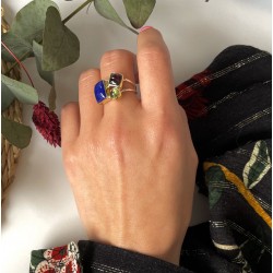Bague argent doré PAVE - Calcédoine bleue, Grenat & Péridot TAILLE 52