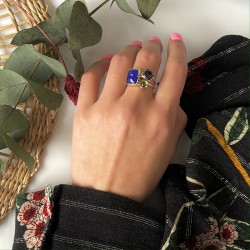 Bague argent doré PAVE - Calcédoine bleue, Grenat & Péridot TAILLE 52
