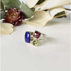 Bague argent doré PAVE - Calcédoine bleue, Grenat & Péridot TAILLE 52