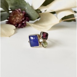 Bague argent doré PAVE - Calcédoine bleue, Grenat & Péridot TAILLE 52