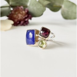 Bague argent doré PAVE - Calcédoine bleue, Grenat & Péridot TAILLE 52