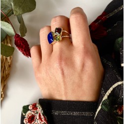 Bague argent doré PAVE - Calcédoine bleue, Grenat & Péridot TAILLE 52