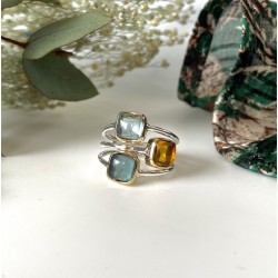 Bague argent doré PAVE carrés - Brandy citrine, Apatite & Topaze bleue TAILLE 52