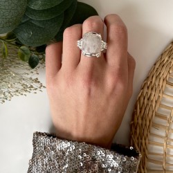 Bague large argent carrée NOELIA - Anneau design & Cabochon Pierre de Lune TAILLE 52