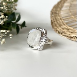 Bague large argent carrée NOELIA - Anneau design & Cabochon Pierre de Lune TAILLE 52