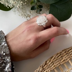 Bague large argent carrée NOELIA - Anneau design & Cabochon Pierre de Lune TAILLE 52