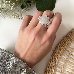 Bague large argent carrée NOELIA - Anneau design & Cabochon Pierre de Lune TAILLE 52